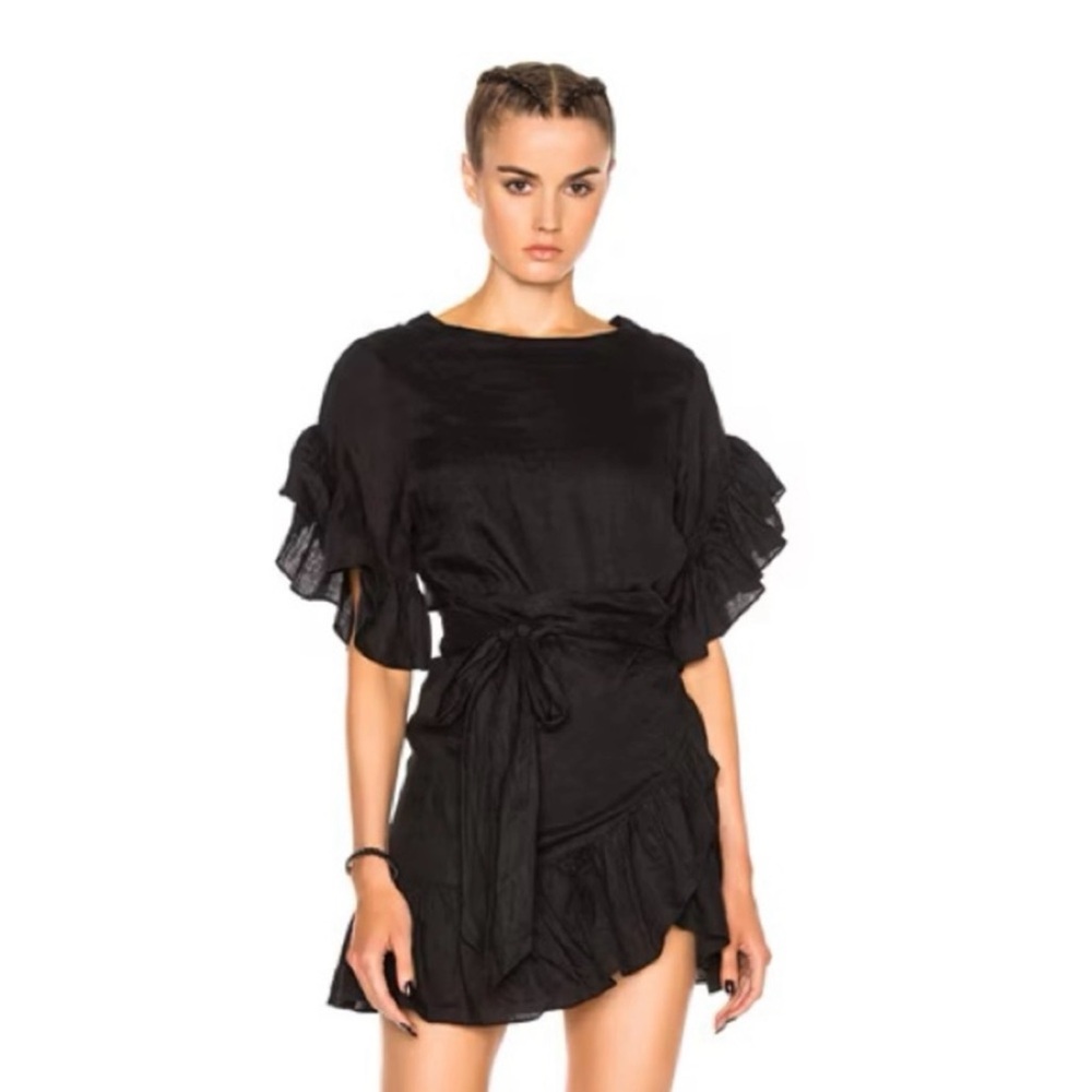Isabel Marant Black Ruffle Tie-Waist Mini Dress